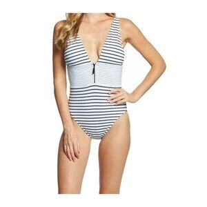 LAUREN RALPH LAUREN Women's Harrison Stripe Zip Front Swimsuit sz 16 Black White